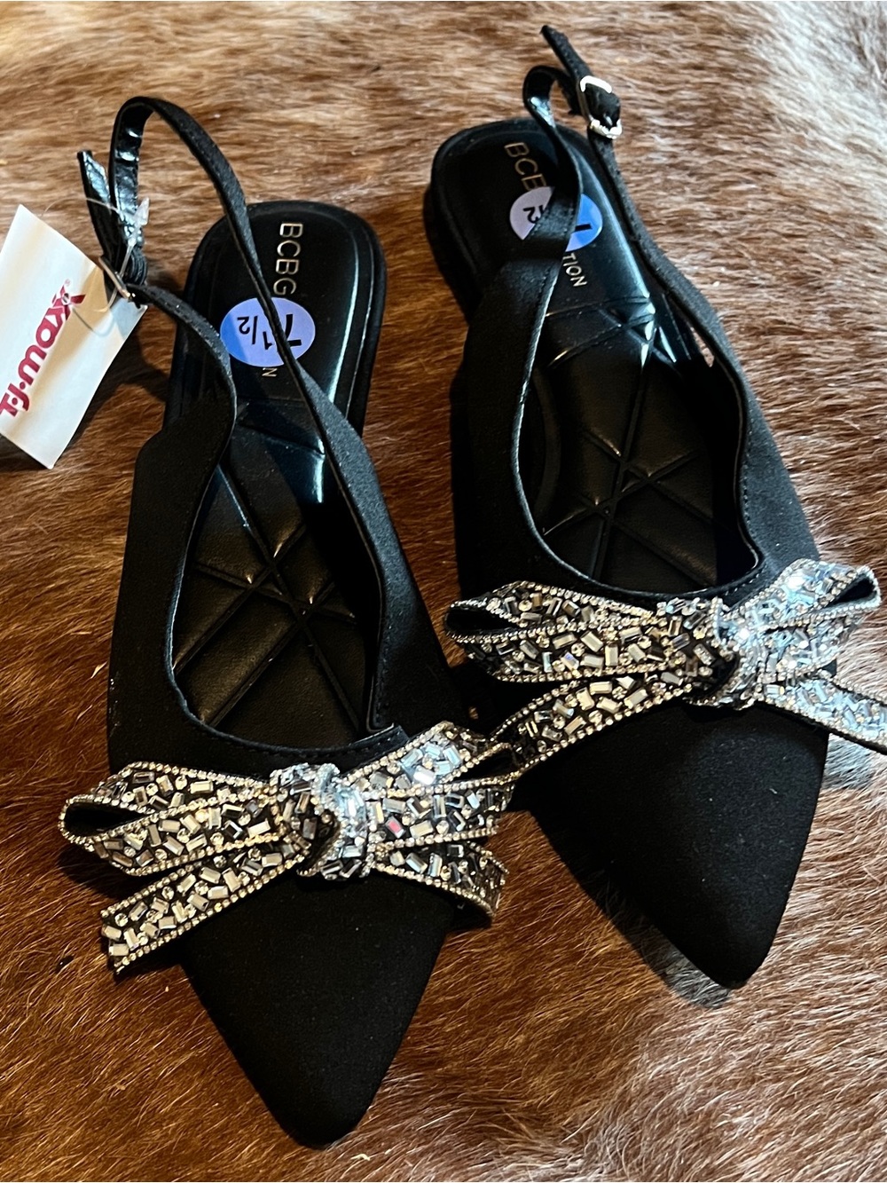 BCBGeneration Black Women's Slingback Flats with Crystal Bow - Picture 2 of 4